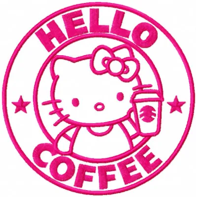 Hello Kitty coffee pink embroidery design preview showing adorable character with coffee cup motif