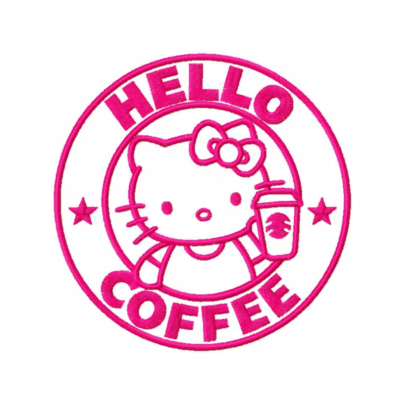 Hello Kitty coffee pink embroidery design preview showing adorable character with coffee cup motif