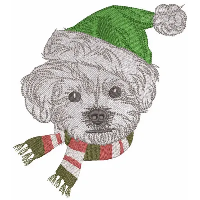 Dog winter outfit embroidery design featuring a cute pup in cozy cold-weather clothing