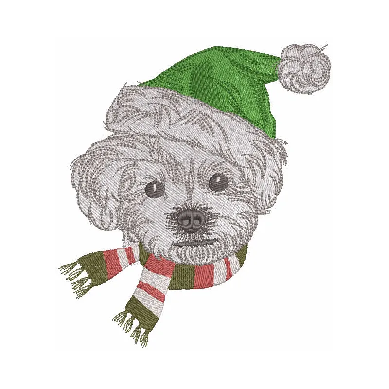 Dog winter outfit embroidery design featuring a cute pup in cozy cold-weather clothing