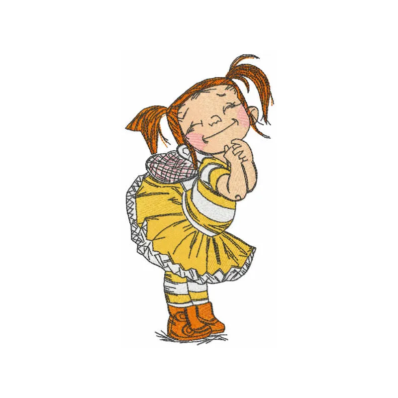 Red hair happy girl embroidery design preview showing cheerful female character stitching pattern