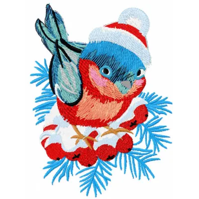 Bullfinch perched on snowy winter branch embroidery design
