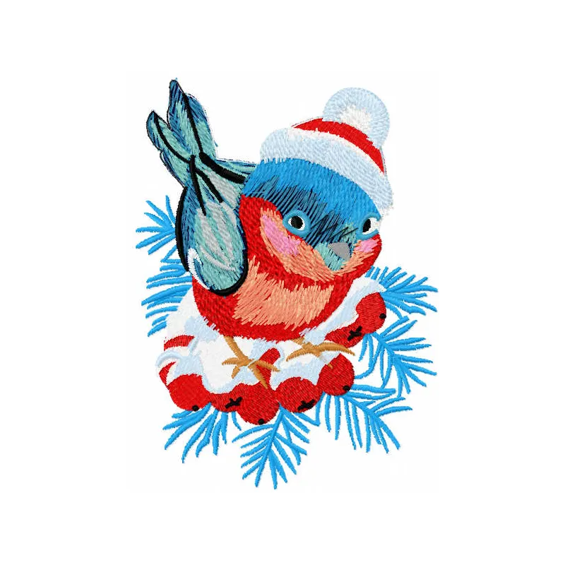 Bullfinch perched on snowy winter branch embroidery design