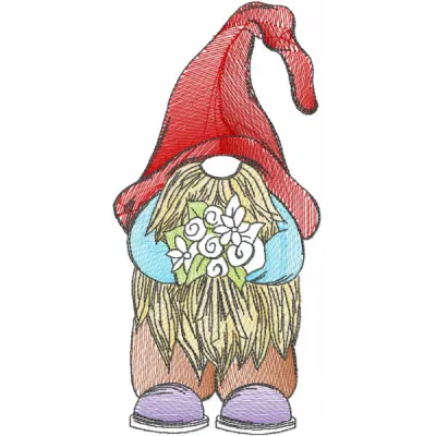Tattered Dwarf embroidery design featuring a whimsical gnome character with detailed stitching