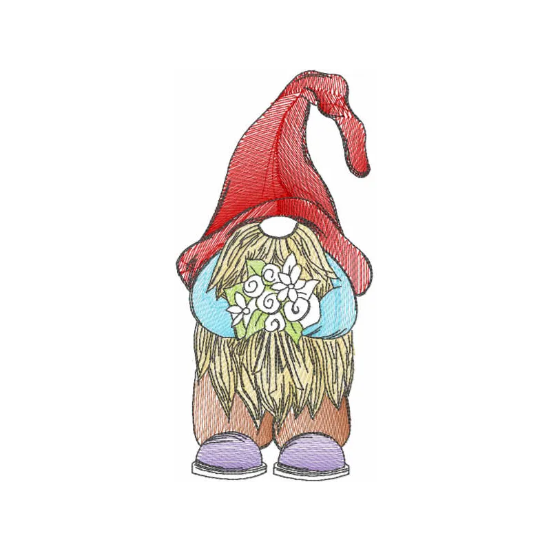 Tattered Dwarf embroidery design featuring a whimsical gnome character with detailed stitching