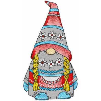 Dwarf girl embroidery design featuring a bearded female gnome character with detailed stitching