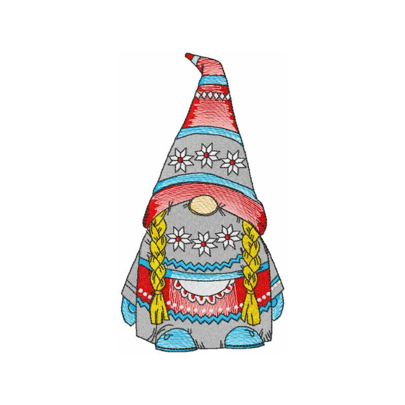 Dwarf girl embroidery design featuring a bearded female gnome character with detailed stitching