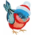 Baby bullfinch embroidery design with festive red and gray stitching for Christmas projects