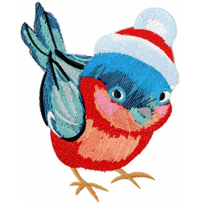 Baby bullfinch embroidery design with festive red and gray stitching for Christmas projects