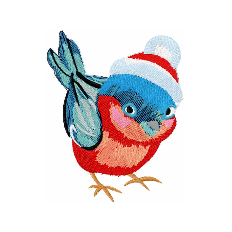Baby bullfinch embroidery design with festive red and gray stitching for Christmas projects