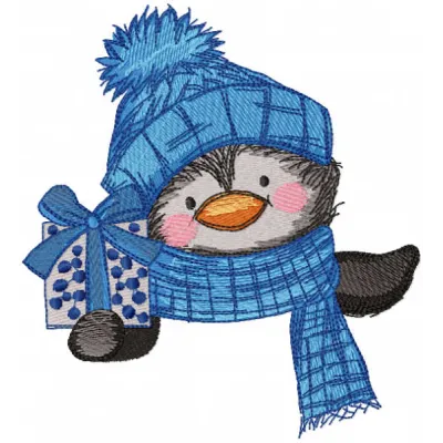 Penguin holding gift box embroidery design preview