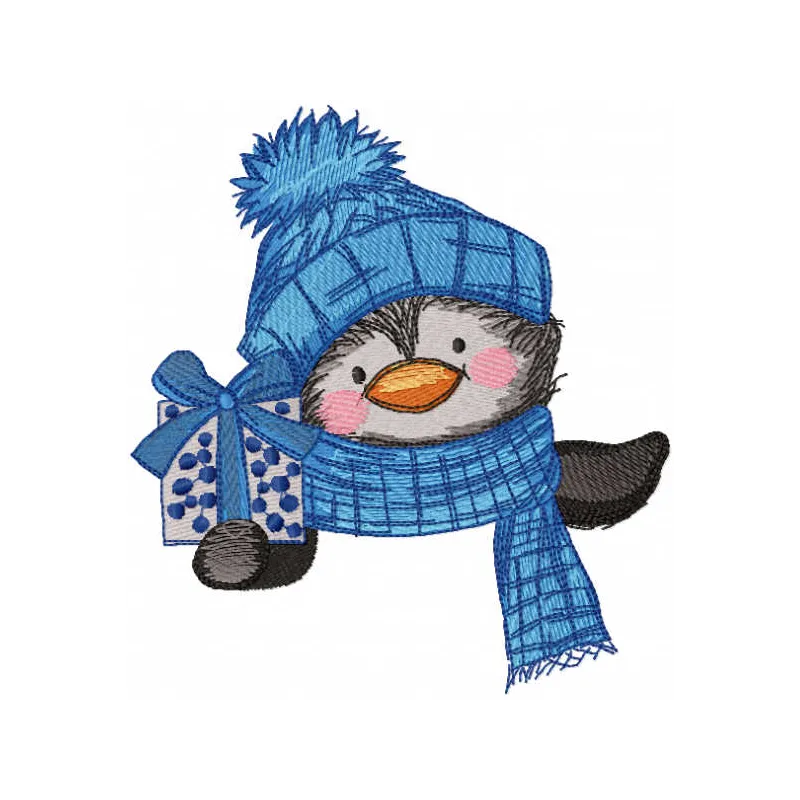 Penguin holding gift box embroidery design preview