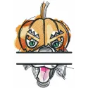 Pumpkin dog monogram embroidery design preview showing a cute dog illustration with pumpkin accents