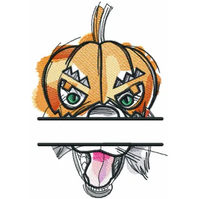 Pumpkin dog monogram embroidery design preview showing a cute dog illustration with pumpkin accents