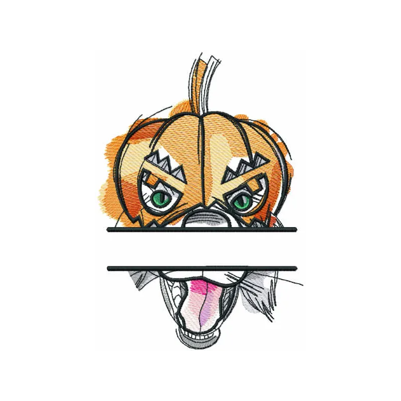Pumpkin dog monogram embroidery design preview showing a cute dog illustration with pumpkin accents