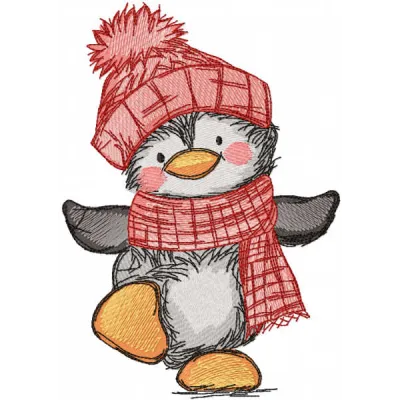 Penguin winter dancing embroidery design preview showing cheerful penguin character in festive pose