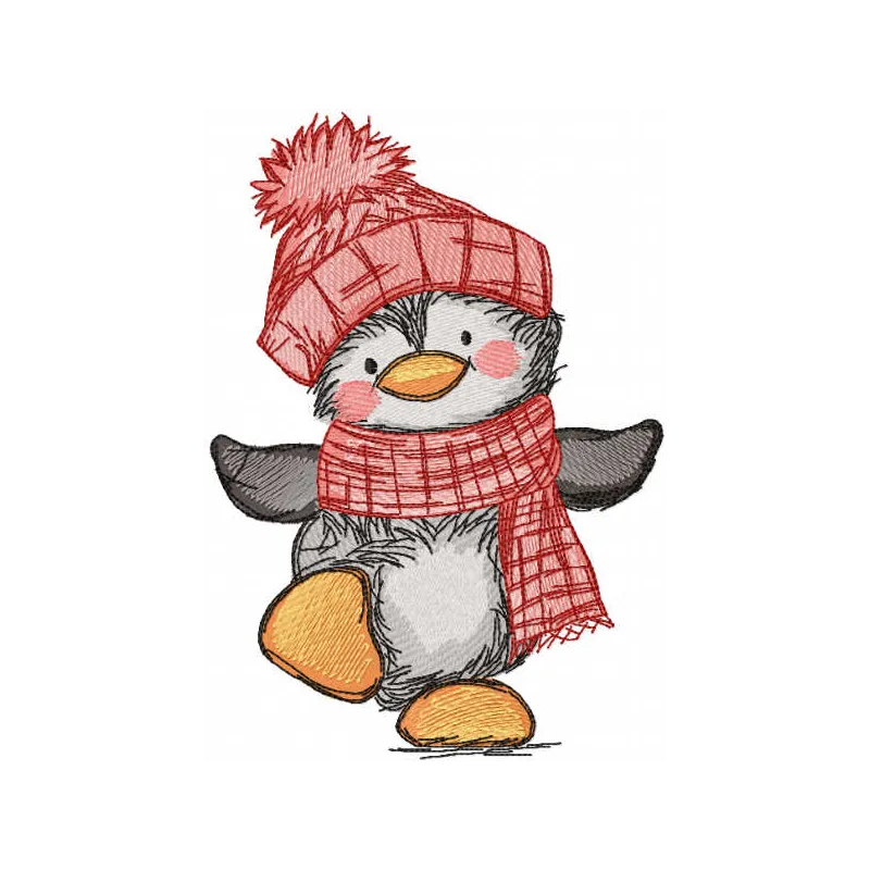 Penguin winter dancing embroidery design preview showing cheerful penguin character in festive pose