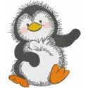 Dancing penguin embroidery design with playful pose and detailed stitching