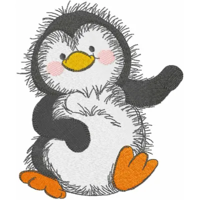 Dancing penguin embroidery design with playful pose and detailed stitching