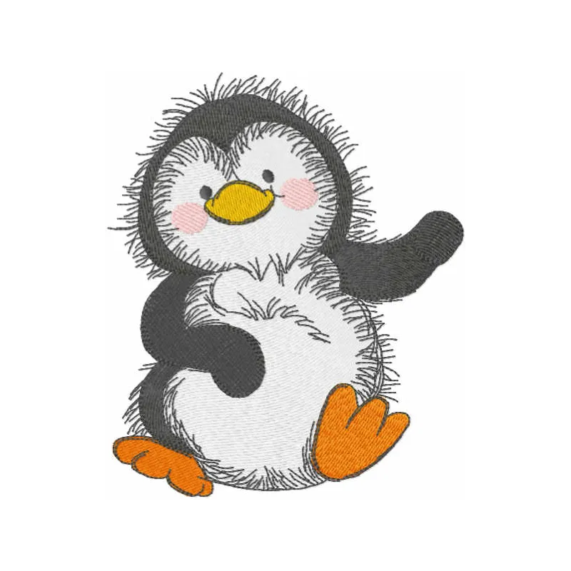 Dancing penguin embroidery design with playful pose and detailed stitching