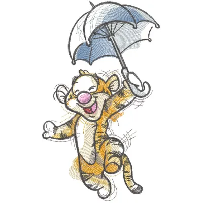 Embroidery design of a tiger flying under an umbrella, featuring characters from Winnie Pooh, Piglet, and Tigger.
