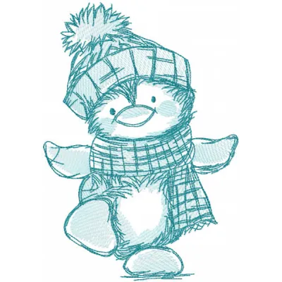 Penguin dancing sketch embroidery design preview showing playful stitched bird motif