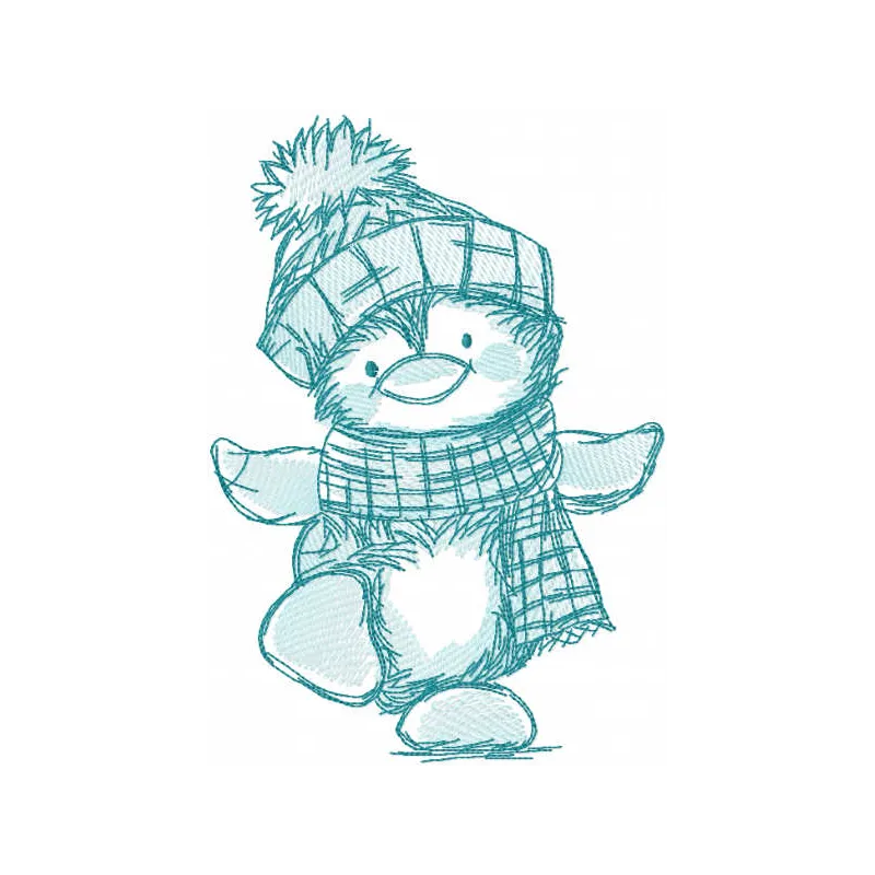 Penguin dancing sketch embroidery design preview showing playful stitched bird motif