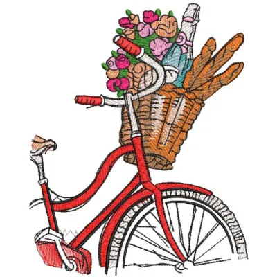 Bicycle with flowers champagne in basket embroidery design preview