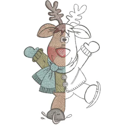 Deer embroidery design shown in color and monochrome versions for stitching