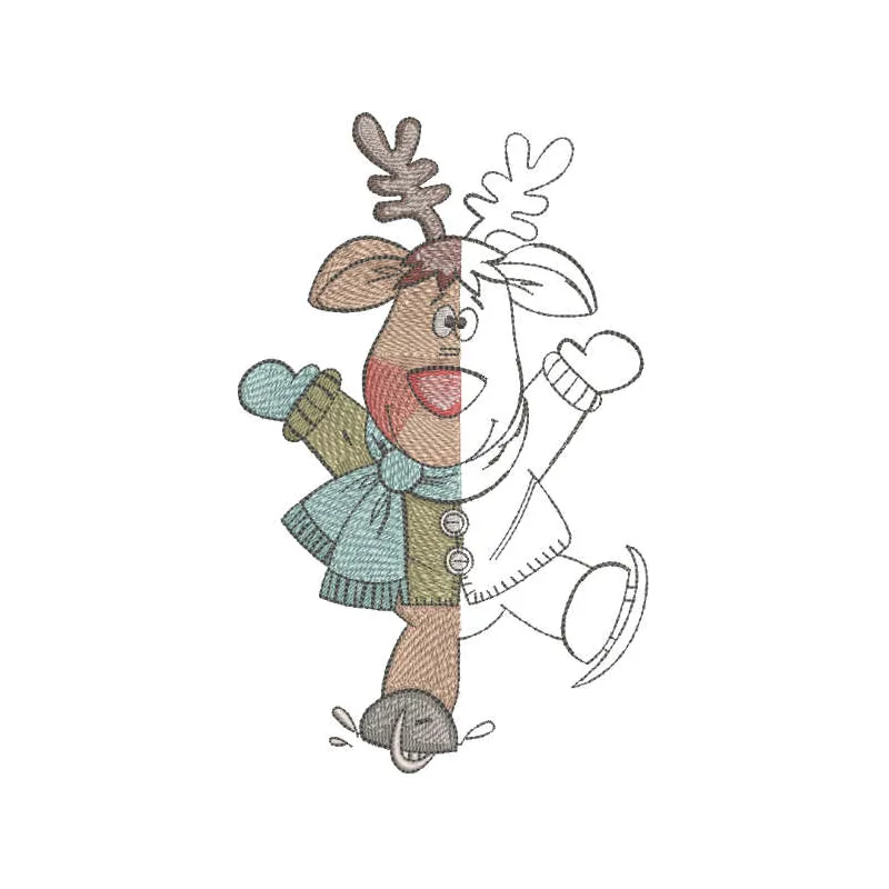 Deer embroidery design shown in color and monochrome versions for stitching