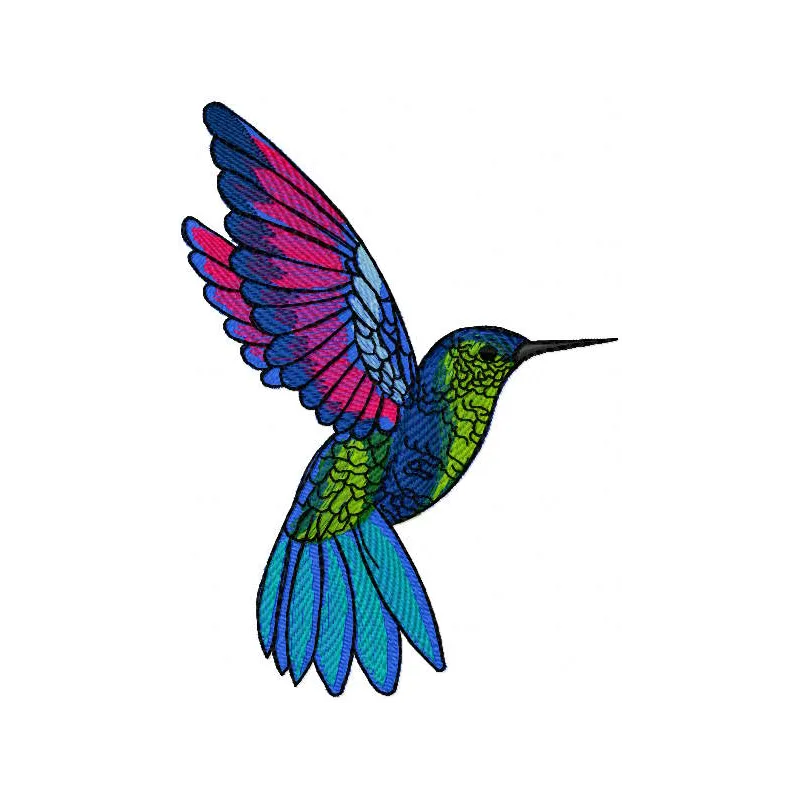 Vibrant hummingbird embroidery design with detailed feather stitching and bright plumage colors