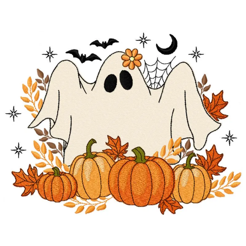 Ghost harvest pumpkin embroidery design preview showing stitched autumn motif