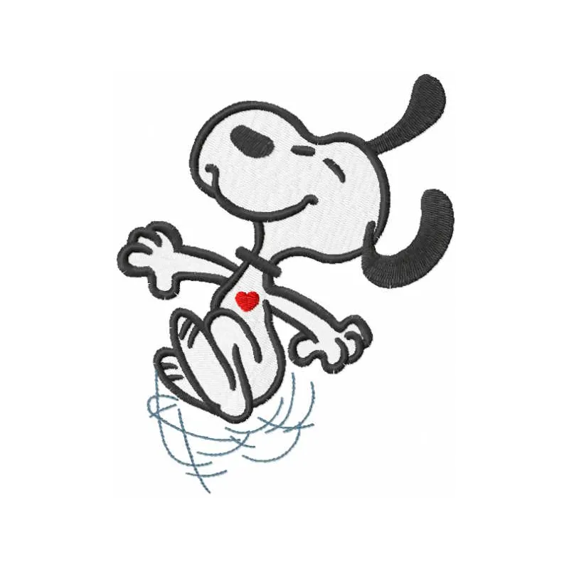 Snoopy jumping embroidery design preview showing stitched pattern