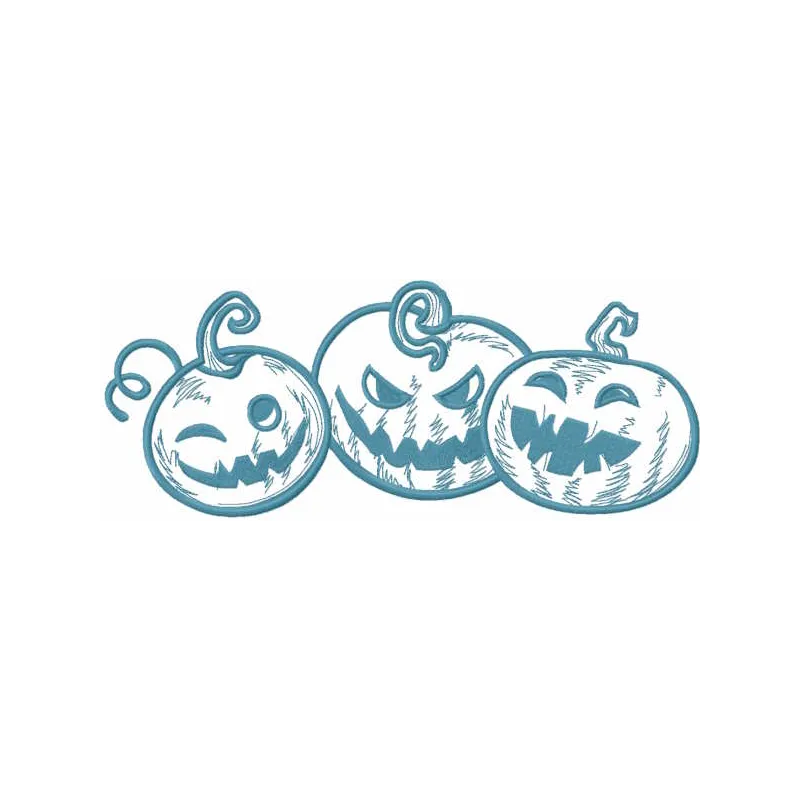Smiling trio pumpkins embroidery design with cheerful jack-o-lantern faces