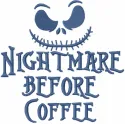 Nightmare Before Coffee embroidery design preview showing stitched coffee cup motif