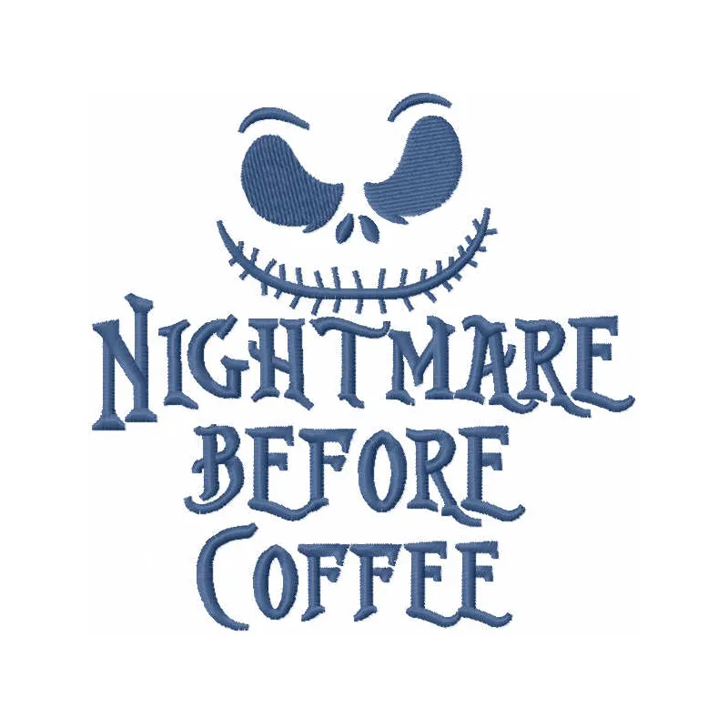 Nightmare Before Coffee embroidery design preview showing stitched coffee cup motif