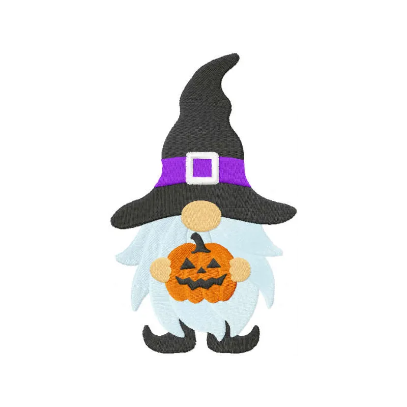 Halloween dwarf with pumpkin embroidery design preview showing stitched pattern detail