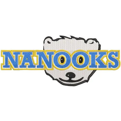 Embroidered Alaska Nanooks Wordmark Logo design featuring bold blue and gold lettering on a white background.