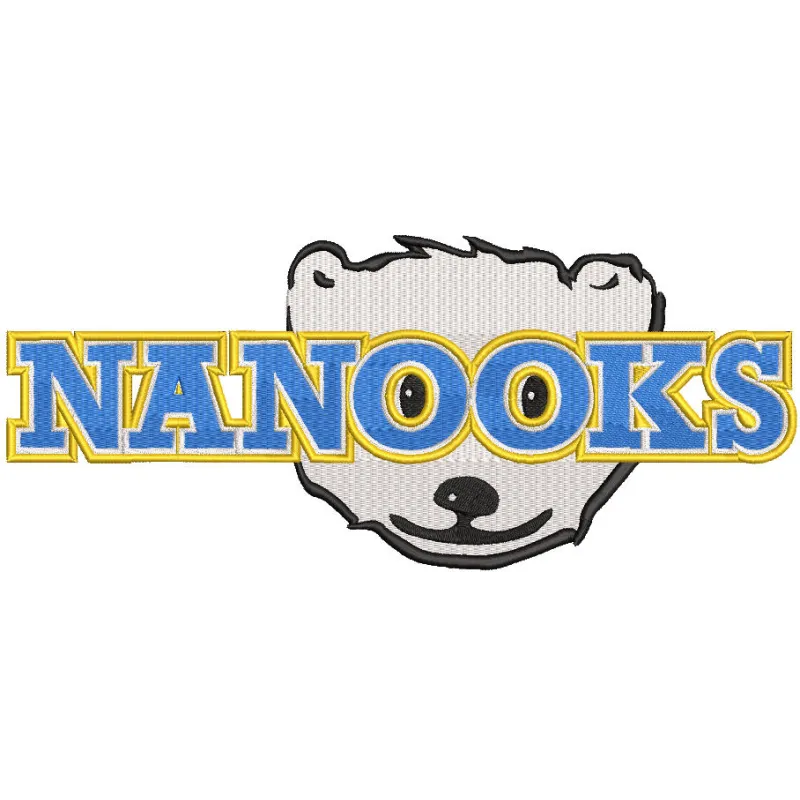 Embroidered Alaska Nanooks Wordmark Logo design featuring bold blue and gold lettering on a white background.