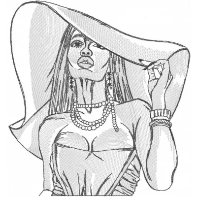 Woman in awide brimmed hat greyscale embroidery design - Embroidery Design