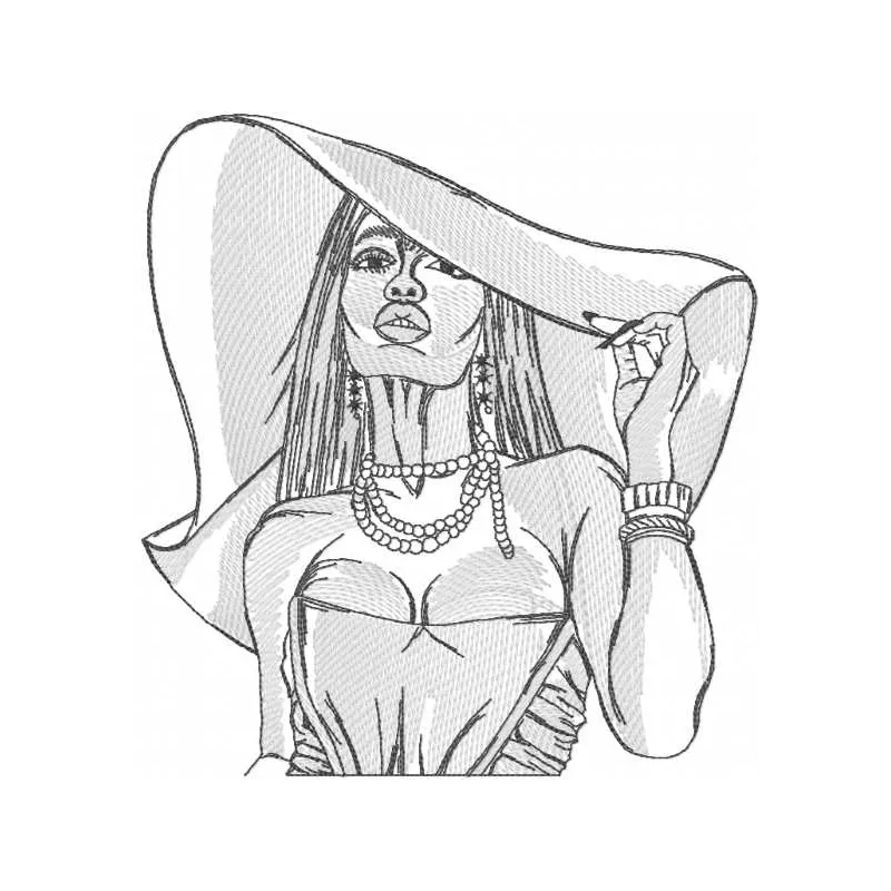 Woman in awide brimmed hat greyscale embroidery design - Embroidery Design