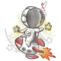 Embroidery design of an astronaut flying on a rocket towards the stars in a fantastic world.