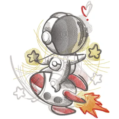 Embroidery design of an astronaut flying on a rocket towards the stars in a fantastic world.