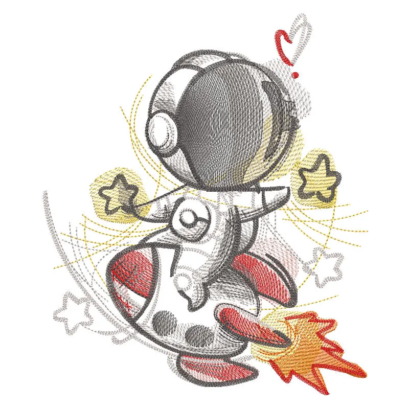 Embroidery design of an astronaut flying on a rocket towards the stars in a fantastic world.