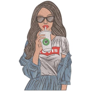 Levis girl with coffee embroidery design - Embroidery Design