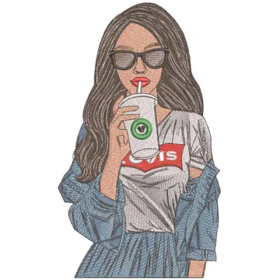 Levis girl with coffee embroidery design - Embroidery Design