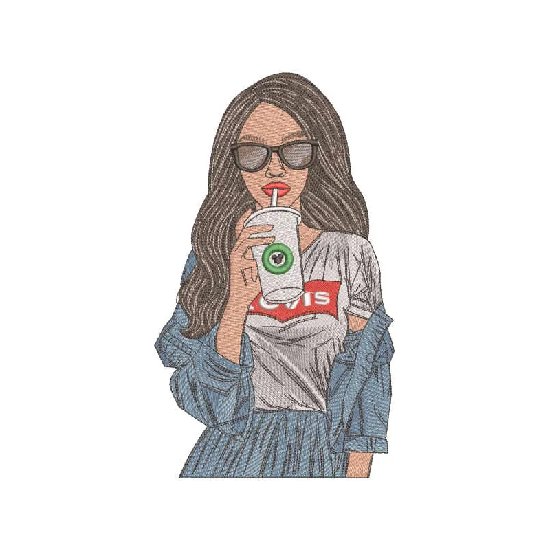 Levis girl with coffee embroidery design - Embroidery Design