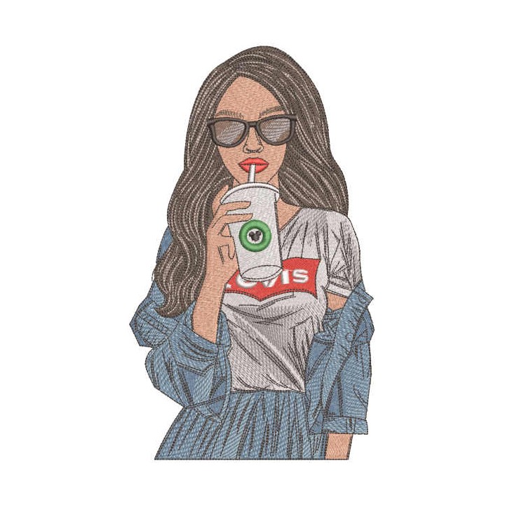 Levis girl with coffee embroidery design - Embroidery Design