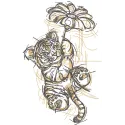 A whimsical tiger cub flying over a colorful flower in an intricate embroidery design.