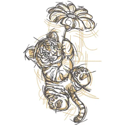 A whimsical tiger cub flying over a colorful flower in an intricate embroidery design.